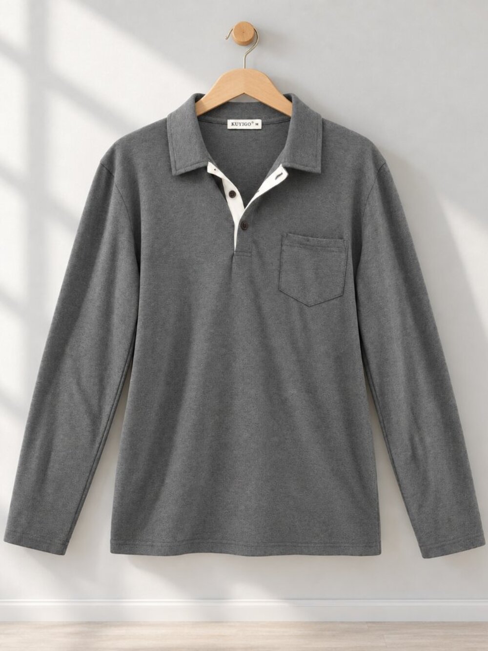 KUYIGO, Men's Long Sleeve Polo Shirt, Charcoal Grey, Size M - Picture 1 of 7